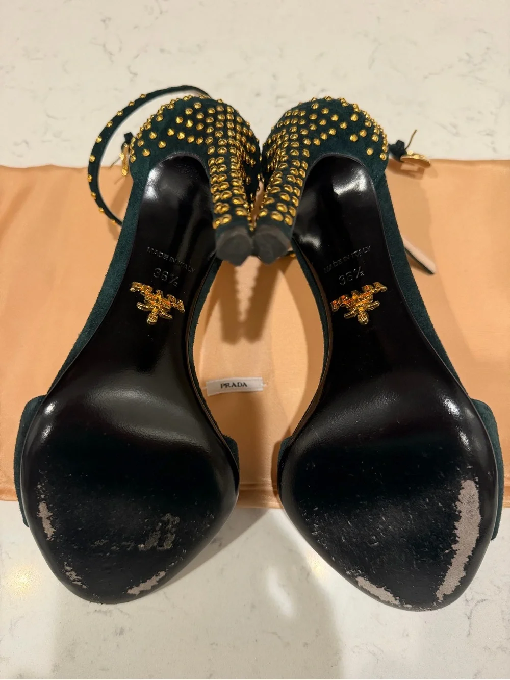Prada Black Suede T-Strap Studded Ankle-Heel Sandals